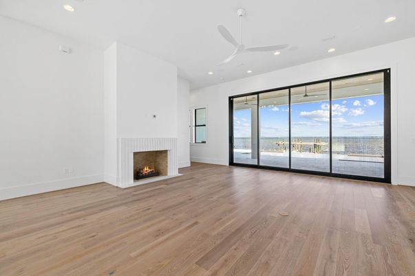 Empty room, Fireplace, Interior, Recessed Lighting, Wood Texture Flooring