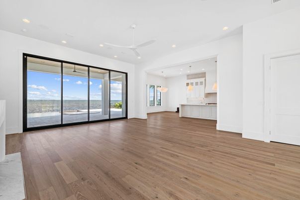 Empty room, Interior, Kitchen, Pendant Lights, Recessed Lighting, Wood Texture Flooring
