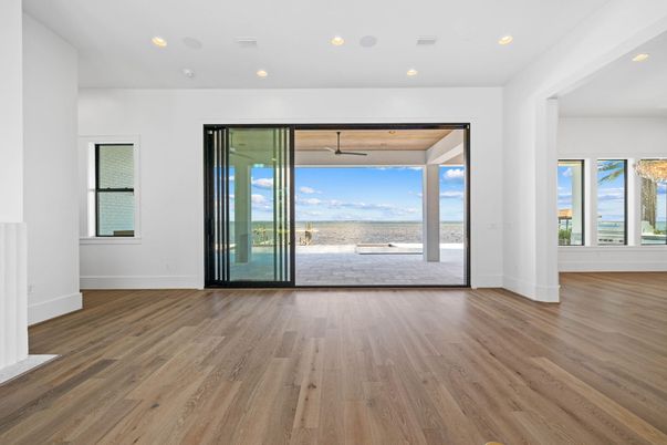 Empty room, Interior, Recessed Lighting, Water, Wood Texture Flooring