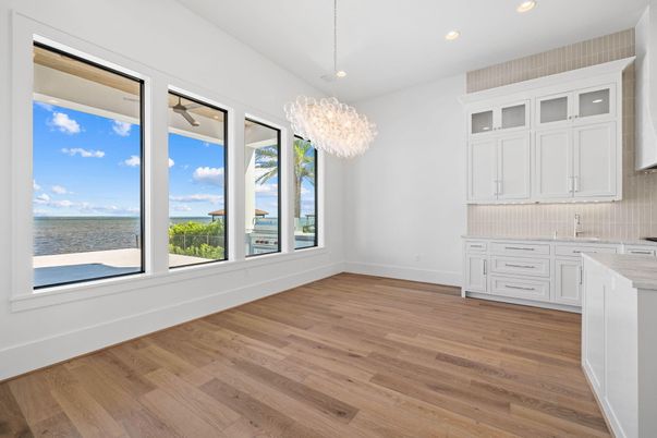 Chandelier, Empty room, Interior, Recessed Lighting, Water, Wood Texture Flooring