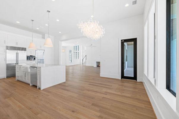 Chandelier, Interior, Kitchen, Pendant Lights, Recessed Lighting, Stainless Steel Appliances, Wood Texture Flooring