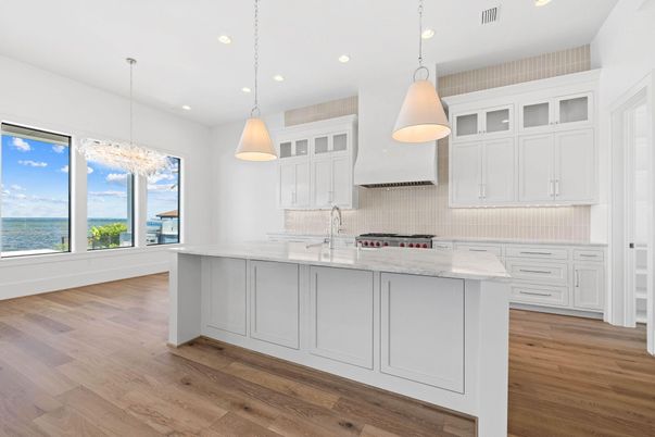 Interior, Kitchen, Pendant Lights, Recessed Lighting, Water, Wood Texture Flooring