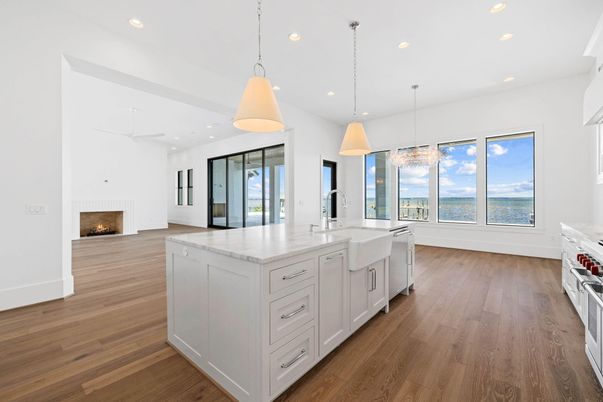 Interior, Kitchen, Pendant Lights, Recessed Lighting, Stainless Steel Appliances, Water, Wood Texture Flooring