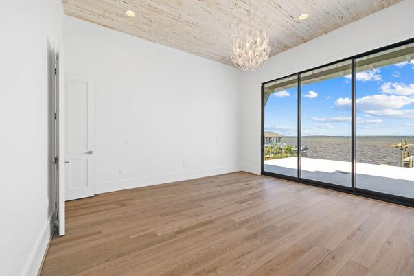 Chandelier, Empty room, Interior, Recessed Lighting, Wooden Ceilings, Wood Texture Flooring