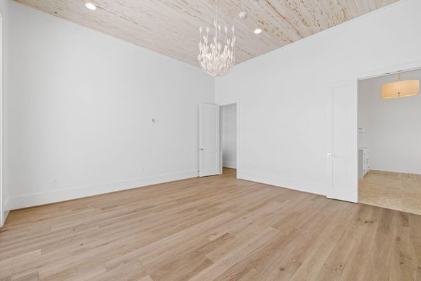 Chandelier, Empty room, Interior, Pendant Lights, Recessed Lighting, Wooden Ceilings, Wood Texture Flooring
