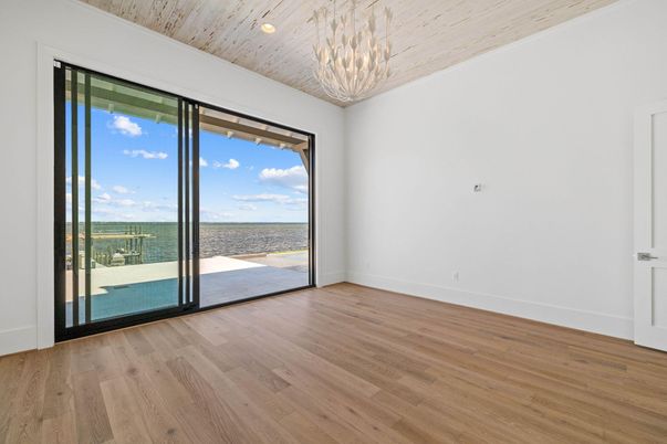 Empty room, Interior, Pendant Lights, Recessed Lighting, Water, Wood Texture Flooring