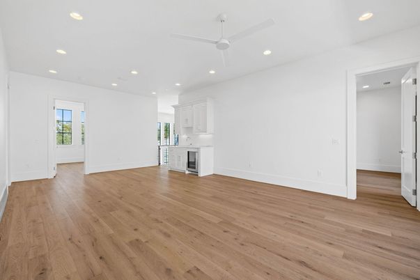 Empty room, Interior, Kitchen, Recessed Lighting, Wood Texture Flooring