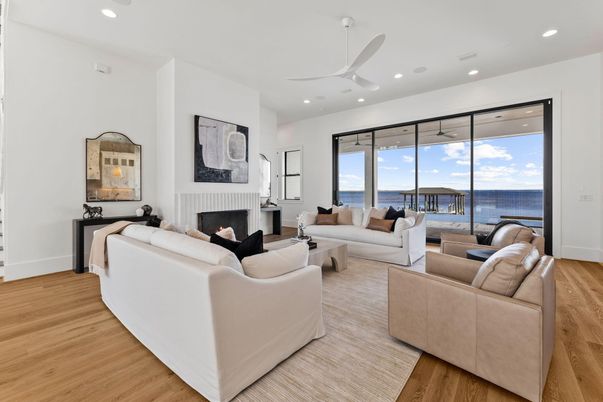 Fireplace, Interior, Living room, Recessed Lighting, Water, Wood Texture Flooring
