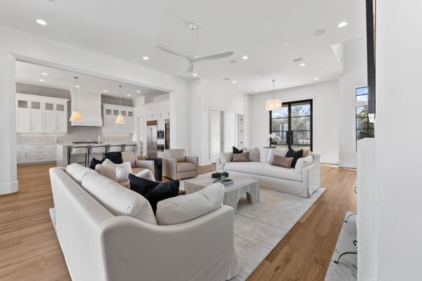 Chandelier, Interior, Kitchen, Living room, Pendant Lights, Recessed Lighting, Stainless Steel Appliances, Wood Texture Flooring