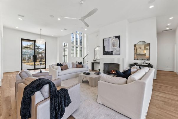 Chandelier, Fireplace, Interior, Living room, Recessed Lighting, Wood Texture Flooring