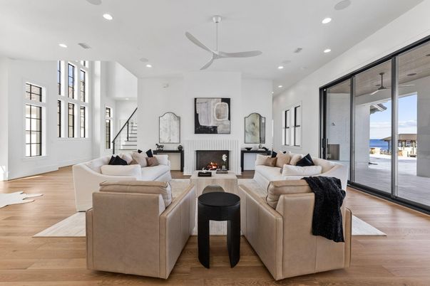 Fireplace, Interior, Living room, Recessed Lighting, Water, Wood Texture Flooring