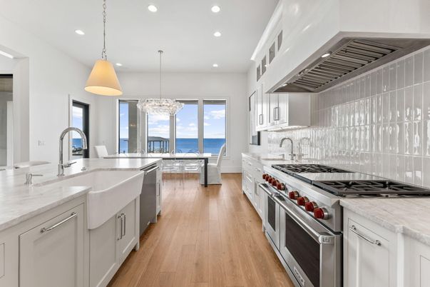 Interior, Kitchen, Pendant Lights, Recessed Lighting, Stainless Steel Appliances, Water, Wood Texture Flooring