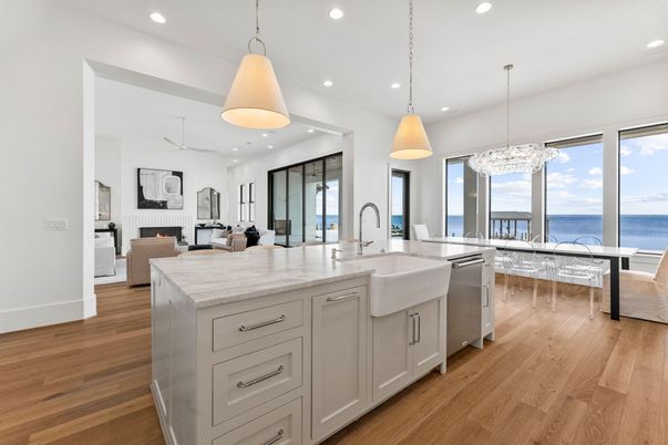 Dining room, Interior, Kitchen, Living room, Pendant Lights, Recessed Lighting, Water, Wood Texture Flooring