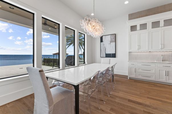 Chandelier, Dining room, Interior, Recessed Lighting, Water, Wood Texture Flooring