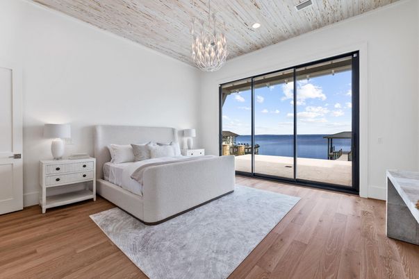 Bedroom, Interior, Pendant Lights, Recessed Lighting, Water, Wood Texture Flooring