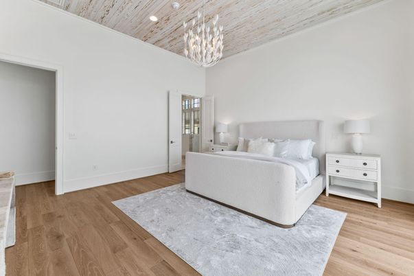 Bedroom, Chandelier, Interior, Recessed Lighting, Wood Texture Flooring