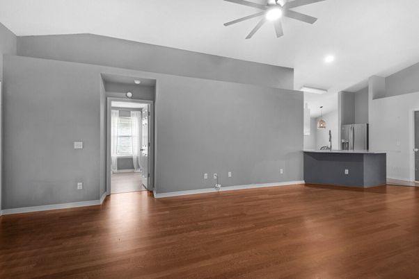 Empty room, Interior, Kitchen, Recessed Lighting, Wood Texture Flooring