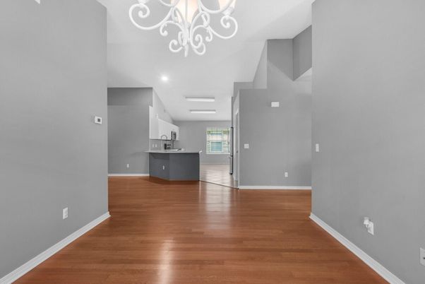Empty room, Interior, Kitchen, Recessed Lighting, Wood Texture Flooring