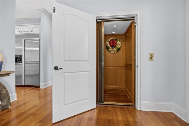 Interior, Kitchen, Recessed Lighting, Stainless Steel Appliances, Wood Texture Flooring