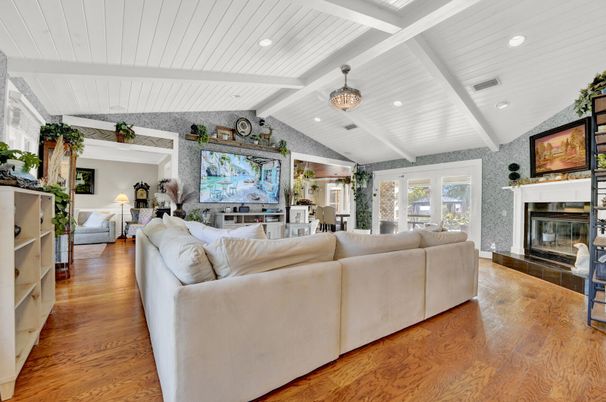 Fireplace, Interior, Living room, Recessed Lighting, Wood Texture Flooring