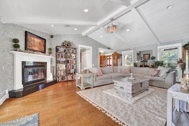 Chandelier, Fireplace, Interior, Living room, Recessed Lighting, Wood Texture Flooring