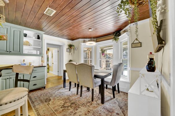 Dining room, Interior, Pendant Lights, Wooden Ceilings, Wood Texture Flooring