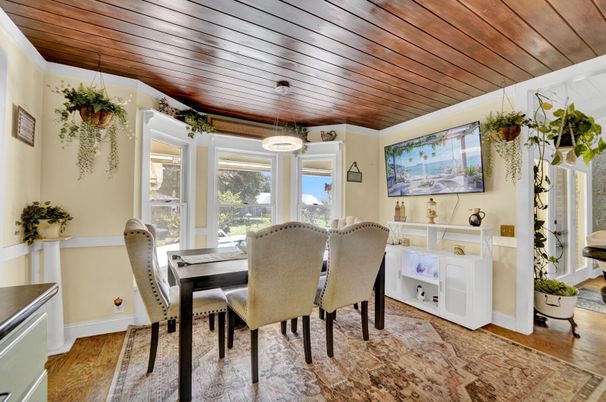 Dining room, Interior, Pendant Lights, Wooden Ceilings, Wood Texture Flooring