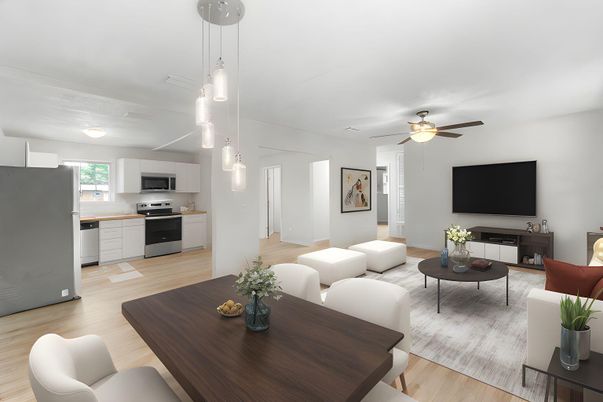 Dining room, Interior, Kitchen, Living room, Pendant Lights, Stainless Steel Appliances, Wood Texture Flooring
