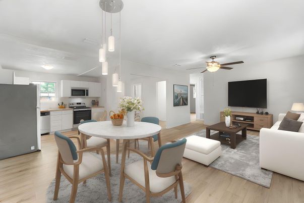 Dining room, Interior, Kitchen, Living room, Pendant Lights, Stainless Steel Appliances, Wood Texture Flooring