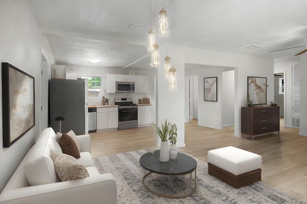 Interior, Kitchen, Living room, Pendant Lights, Stainless Steel Appliances, Wood Texture Flooring