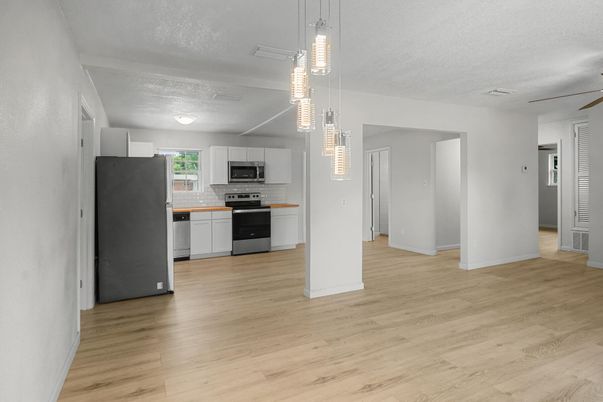 Interior, Kitchen, Pendant Lights, Stainless Steel Appliances, Wood Texture Flooring