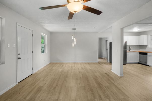 Interior, Kitchen, Pendant Lights, Wood Texture Flooring