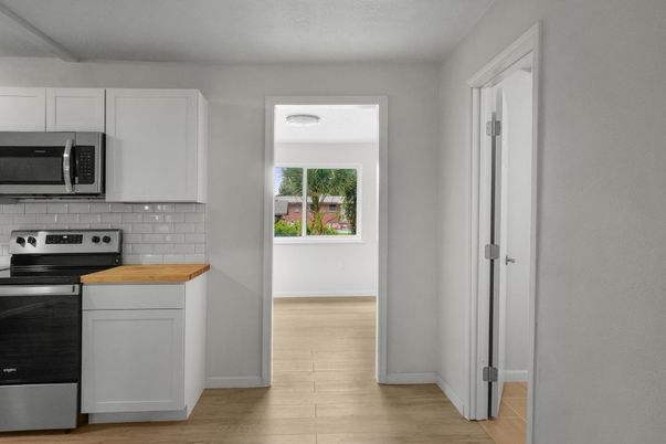 Interior, Kitchen, Stainless Steel Appliances, Wood Texture Flooring