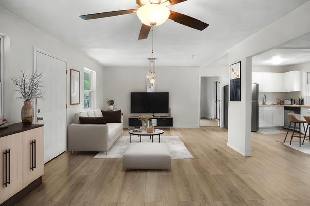 Interior, Kitchen, Living room, Pendant Lights, Wood Texture Flooring