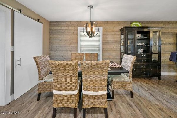 Dining room, Interior, Pendant Lights, Wood Texture Flooring, Wooden Walls