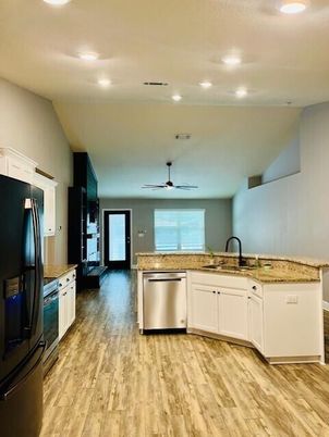 Interior, Kitchen, Recessed Lighting, Wood Texture Flooring