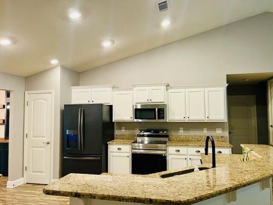 Interior, Kitchen, Recessed Lighting, Stainless Steel Appliances, Wood Texture Flooring