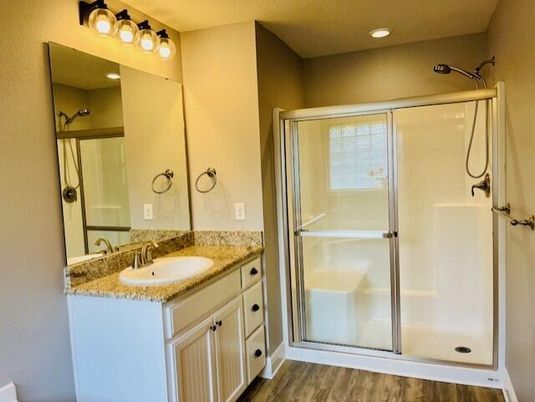 Bathroom, Glass Shower, Interior, Recessed Lighting, Wood Texture Flooring