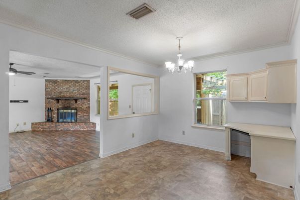 Chandelier, Empty room, Fireplace, Interior, Stone Walls