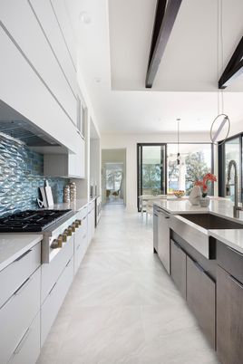 Interior, Kitchen, Marble, Pendant Lights, Stainless Steel Appliances