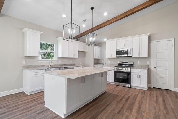 Interior, Kitchen, Pendant Lights, Recessed Lighting, Stainless Steel Appliances, Wood Texture Flooring