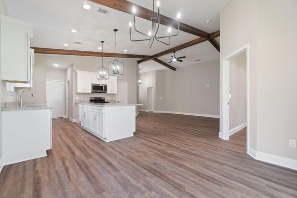 Chandelier, Interior, Kitchen, Pendant Lights, Recessed Lighting, Wooden Beams, Wood Texture Flooring