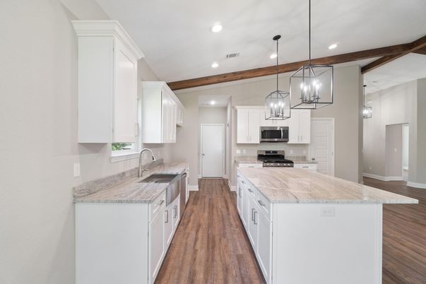 Interior, Kitchen, Pendant Lights, Recessed Lighting, Stainless Steel Appliances, Wooden Beams, Wood Texture Flooring