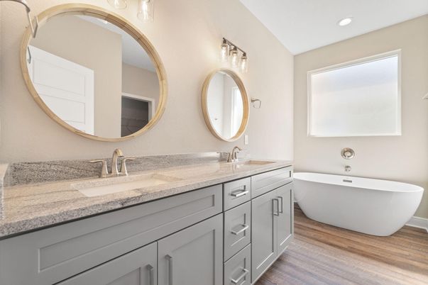 Bathroom, Dual Sink Vanities, Free Standing Baths, Interior, Recessed Lighting, Wood Texture Flooring