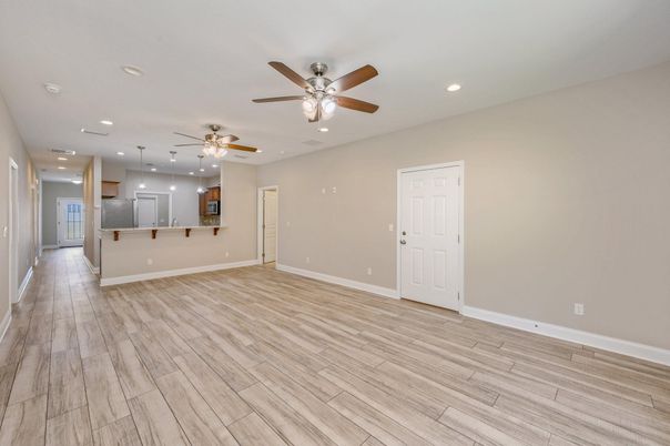 Empty room, Interior, Kitchen, Pendant Lights, Recessed Lighting, Wood Texture Flooring