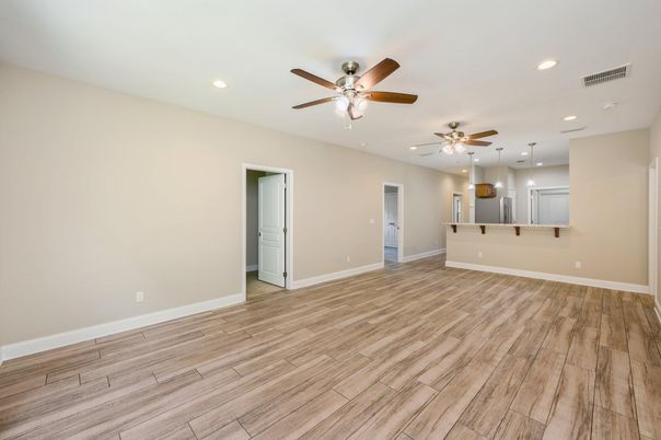 Empty room, Interior, Pendant Lights, Recessed Lighting, Wood Texture Flooring