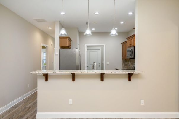 Interior, Kitchen, Pendant Lights, Recessed Lighting, Wood Texture Flooring