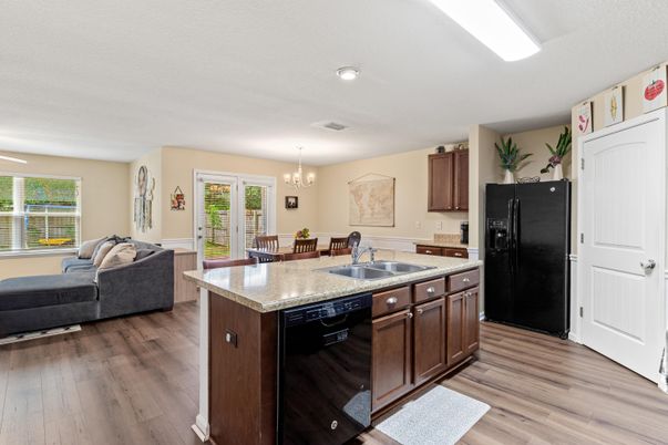 Chandelier, Dining room, Interior, Kitchen, Living room, Recessed Lighting, Wood Texture Flooring