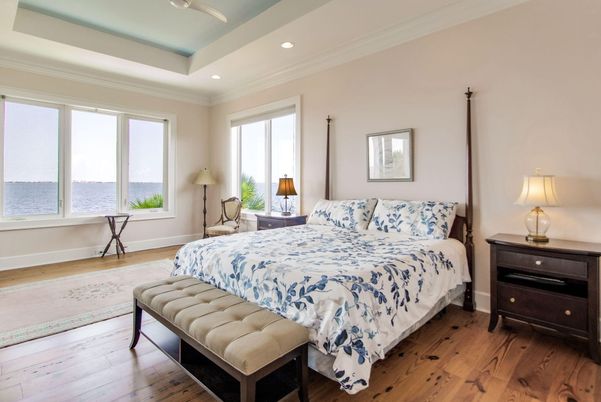 Bedroom, Interior, Recessed Lighting, Water, Wood Texture Flooring