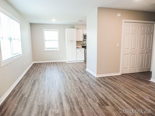 Empty room, Interior, Kitchen, Recessed Lighting, Wood Texture Flooring